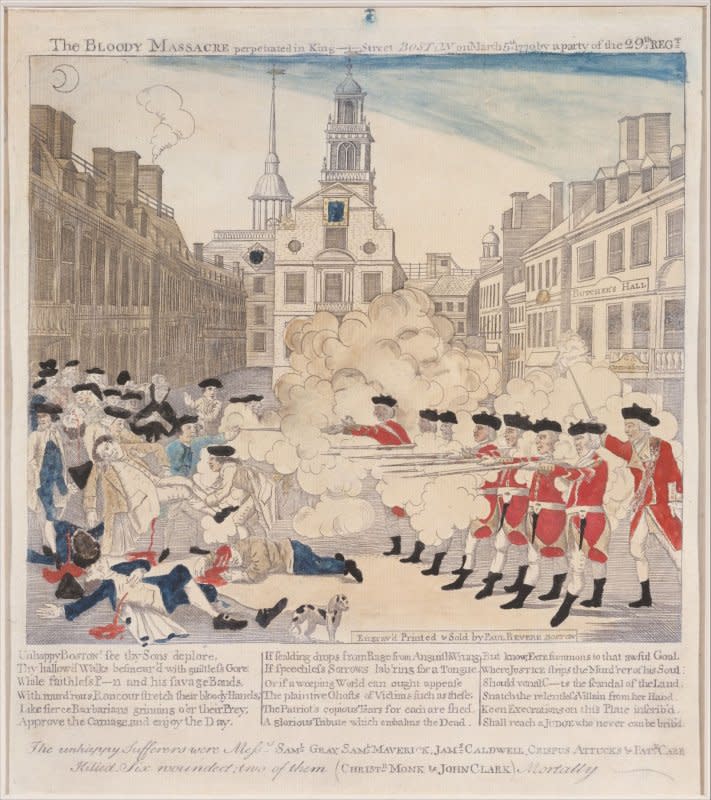 The British fire on American colonials March 5, 1770, in an event that would later be known as the Boston Massacre. File Image by Paul Revere/Metropolitan Museum of Art/Wikimedia