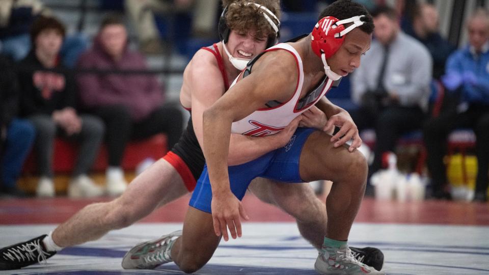 Kingsway's Chase Helder, left, controls Washington Township's Chaz Melton during the 150 lb. bout of the wrestling meet held at Washington Township High School on Monday, February 5, 2024. Helder defeated Melton, 6-4.