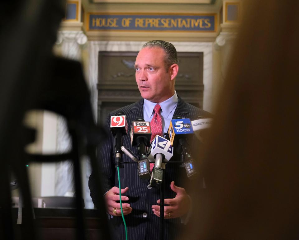 House Speaker Charles McCall speaks to the media Wednesday after the House was in session briefly, then adjourned to the call of the chair, on the second day of the legislative special session.