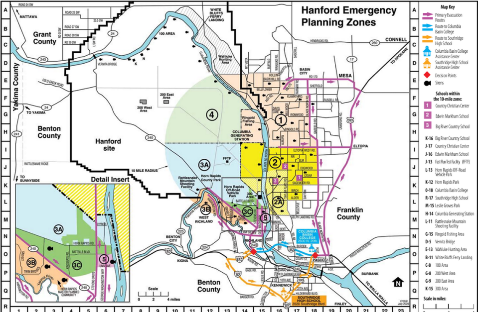 The emergency planning zones for a radiation release incident at the Columbia Generating Station or Hanford Site.