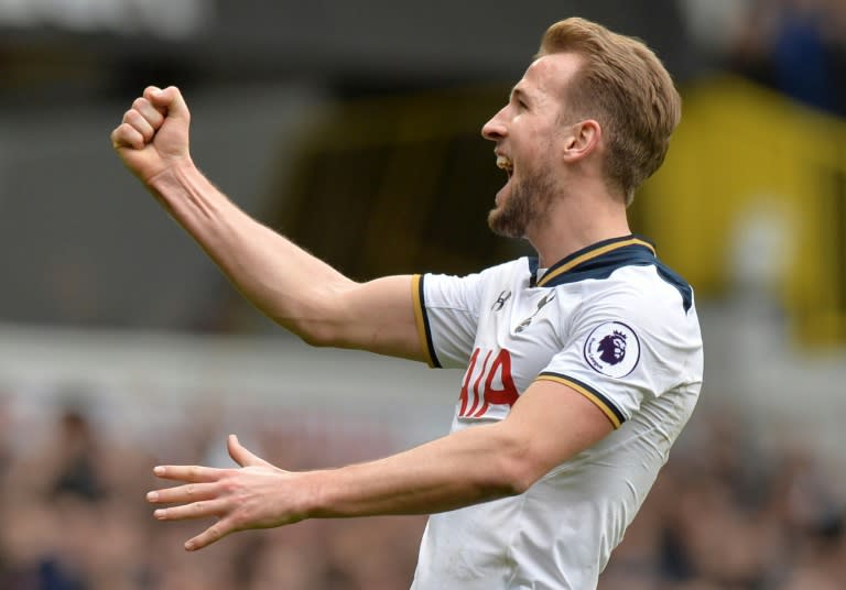 Harry Kane celebrates a hat-trick and his 100th club goal as Tottenham Hotspur beat Stoke City at White Hart Lane on February 26, 2017