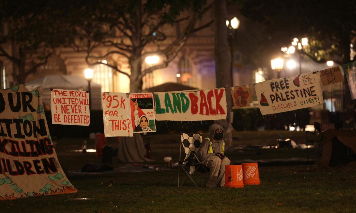 <span>The Palestinian solidarity encampment at USC.</span><span>Photograph: Allison Dinner/EPA</span>