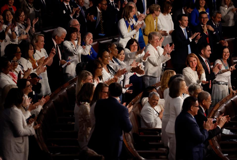 State of the Union Address by US President Joe Biden, March 2024, suffragette outfit with white clothes