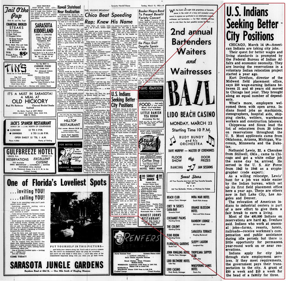 An article on Native American relocation published in Florida's Sarasota Herald-Tribune on March 15, 1953