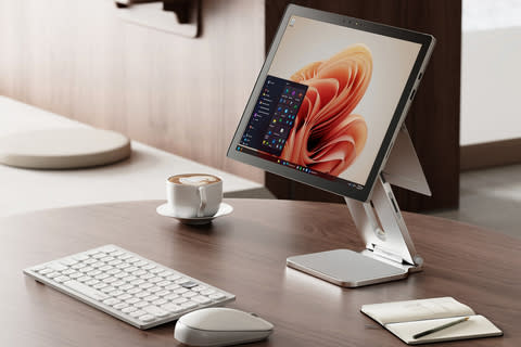 Designed exclusively for Surface in collaboration with Microsoft, the Kensington Elevated Stand for Surface is a sleek, compact, and portable accessory for the Surface Pro or Surface Go that effortlessly enhances ergonomics, security, and productivity. The innovative all-in-one riser raises Surface to eye level to support ergo-friendly workstations with external keyboards, supports optimum viewing angles and customer engagement, and provides a simple security solution for both the device and stand. (Photo: Business Wire)