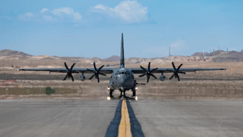 An AC-130J Ghostrider assigned to the 27th Special Operations Group at Cannon Air Force Base, N.M., prepares to take off for a Weapons School integration mission at Nellis AFB, Nev., May 30. The Air Force Weapons School teaches graduate-level instructor courses that provide advanced training in weapons and tactics employment to officers and enlisted specialists of the combat and mobility air forces. (Airman 1st Class Elizabeth Tan/Air Force)