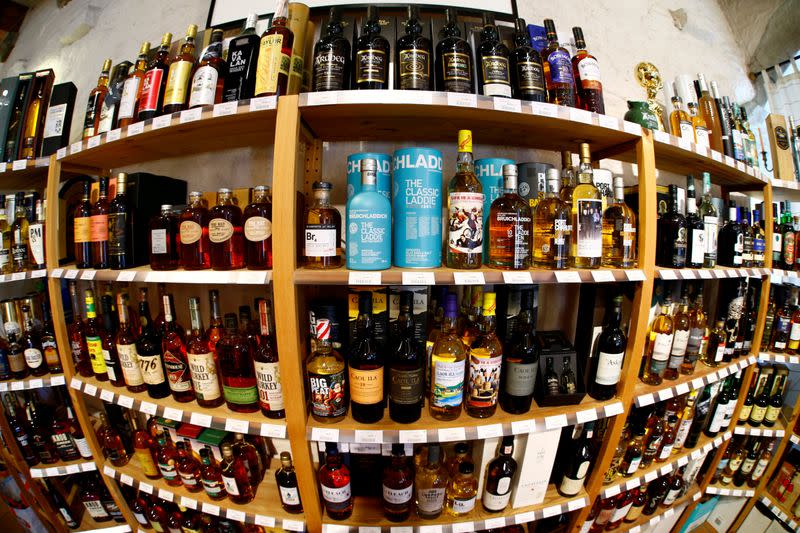 FILE PHOTO: Bottles of single malt scotch whisky are pictured in a shop near Lausanne