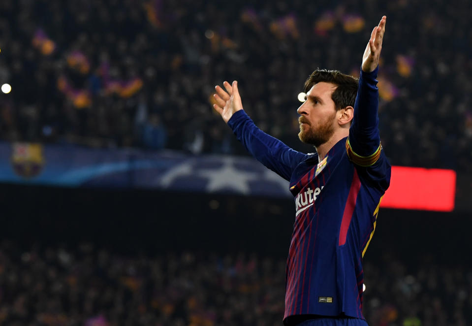 Lionel Messi scored twice and had one assist in Barcelona’s 3-0 Champions League victory over Chelsea in the round of 16. (Getty)