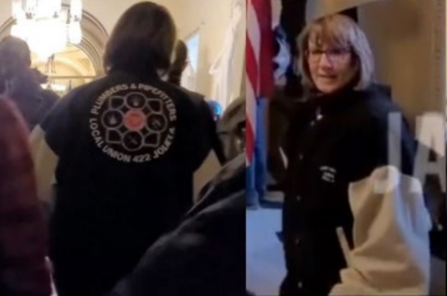 Screenshots from YouTube video showing Amy Schubert wearing jacket with Plumbers & Pipefitters Local Union 422 Joliet IL logo (DOJ)