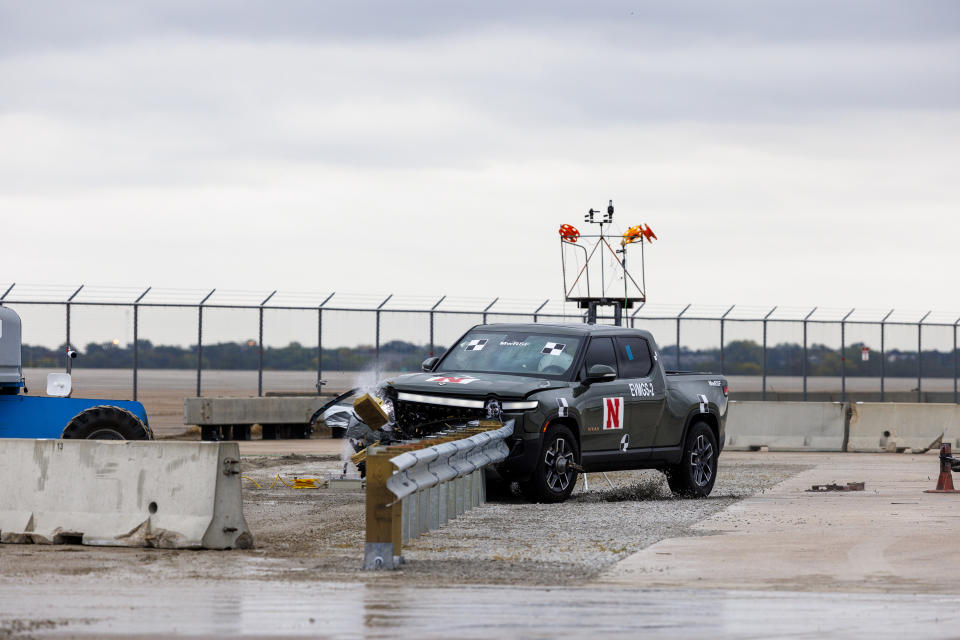A 2022 Rivian R1T is used for a crash test research by the U.S. Army Corps of Engineers and Development Center and the University of Nebraska-Lincoln's Midwest Roadside Safety Facility on Oct. 12, 2023 in Lincoln, Neb. Preliminary tests point to concerns that the nation’s roadside guardrails are no match for new heavy electric vehicles. (Craig Chandler/University of Nebraska via AP)