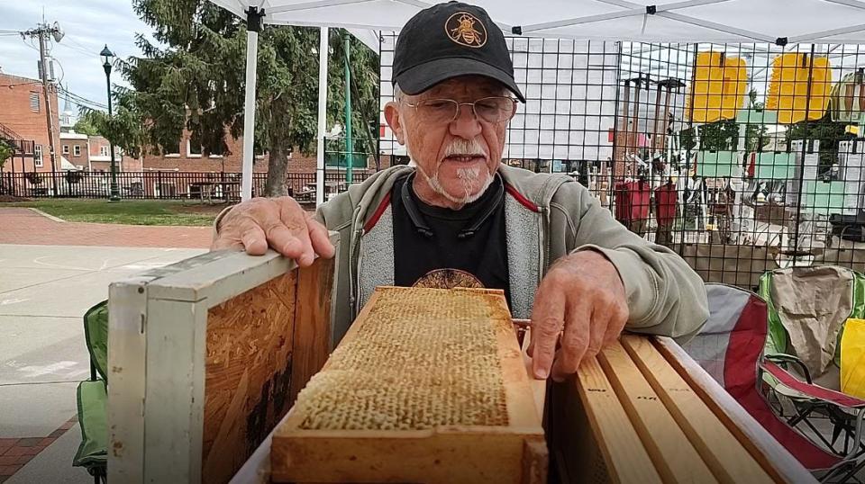 Jim Poe, the Henderson County Beekeepers Association Education Chair, looks over a honeycomb.