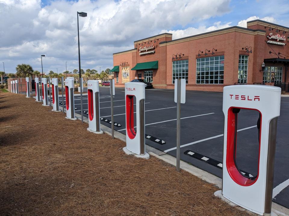 Smithfield's Chicken 'N Bar-B-Q in Leland has installed 12 Tesla Superchargers in its parking lot.