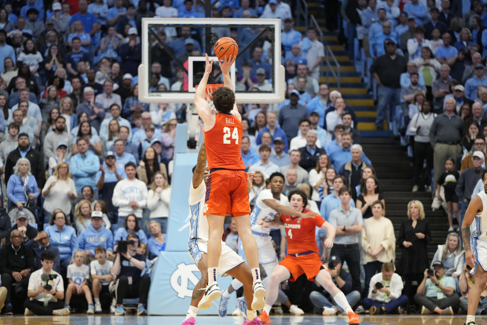 Feb. 6, 2024; Chapel Hill, North Carolina; Clemson Tigers center PJ Hall (24) shoots in the second half at Dean E. Smith Center. Bob Donnan-USA TODAY Sports