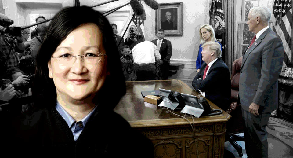 Judge Dolly M. Gee; Donald Trump (Photo illustration: Yahoo News; photos: Handout via Openjurist.org, Pablo Martinez Monsivais/AP)