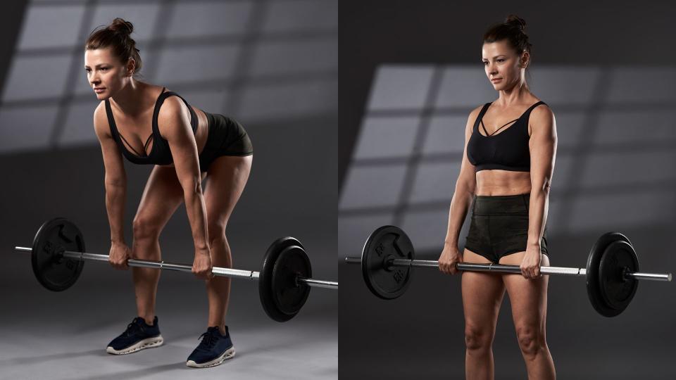 Woman performing a barbell romanian deadlift