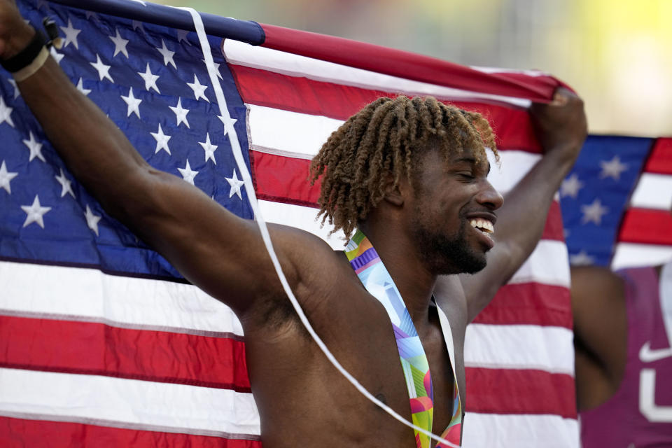 Gold medalist Noah Lyles, of the United States, reacts after winning a final in the men's 200-meter run at the World Athletics Championships on Thursday, July 21, 2022, in Eugene, Ore. (AP Photo/Ashley Landis)