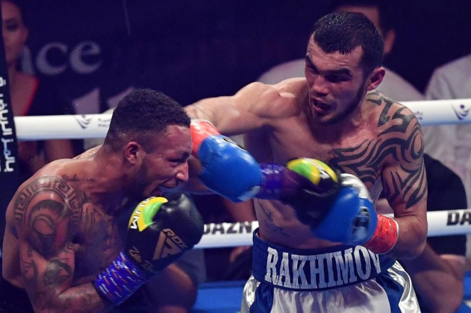 Shavkat Rakhimov got off the canvas to stop Zelfa Barrett and win the belt in Abu Dhabi (AFP via Getty Images)