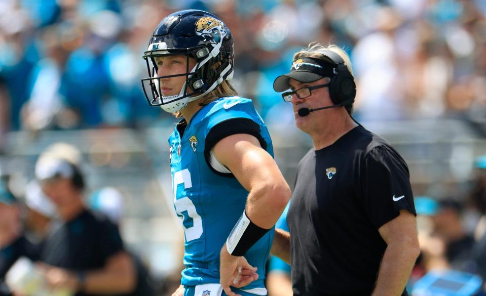 Jacksonville Jaguars quarterback Trevor Lawrence (16) and head coach Doug Pederson look on from the sideline during the first quarter of a NFL football game Sunday, Sept. 17, 2023 at EverBank Stadium in Jacksonville, Fla. The Kansas City Chiefs defeated the Jacksonville Jaguars 17-9. [Corey Perrine/Florida Times-Union]