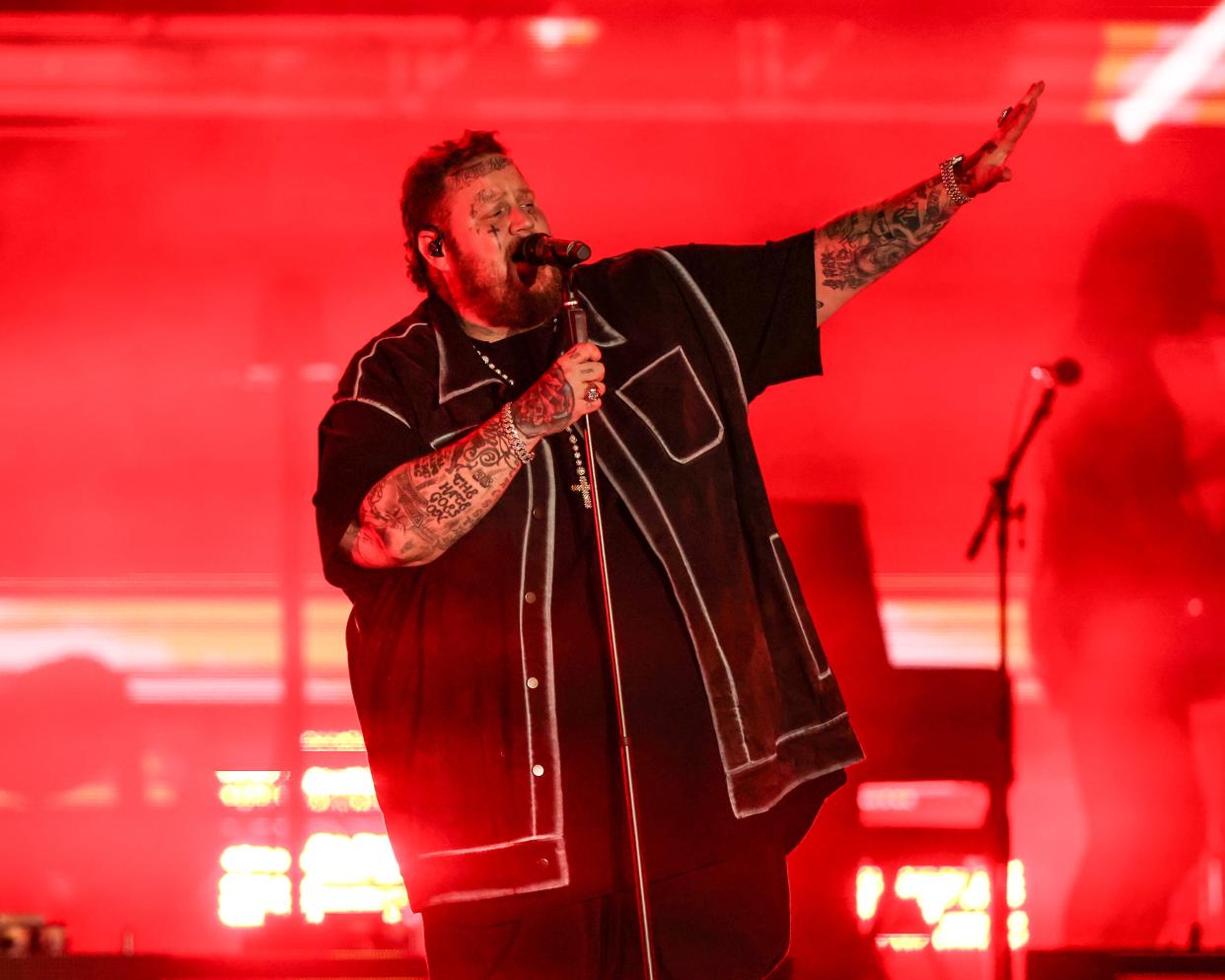 Jason Bradley DeFord, known professionally as Jelly Roll, performs in front of a sold out Grandstand at the Iowa State Fair on Saturday, Aug. 10, 2024.