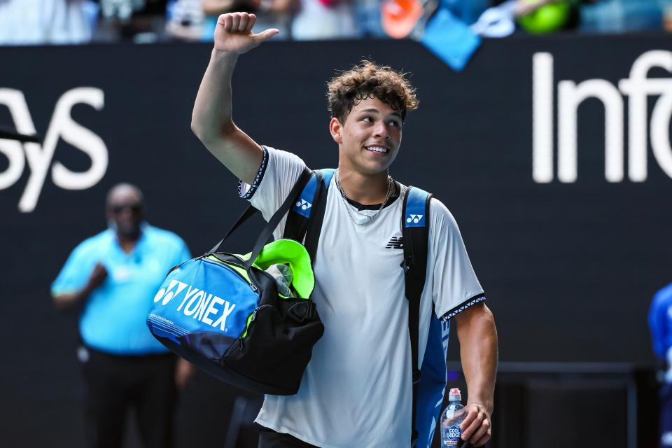 Jan 25, 2023; Melbourne, Victoria, Australia; Ben Shelton from the United States after his quarter final match against Tommy Paul from the United States on day ten of the 2023 Australian Open tennis tournament at Melbourne Park. Mandatory Credit: Mike Frey-USA TODAY Sports