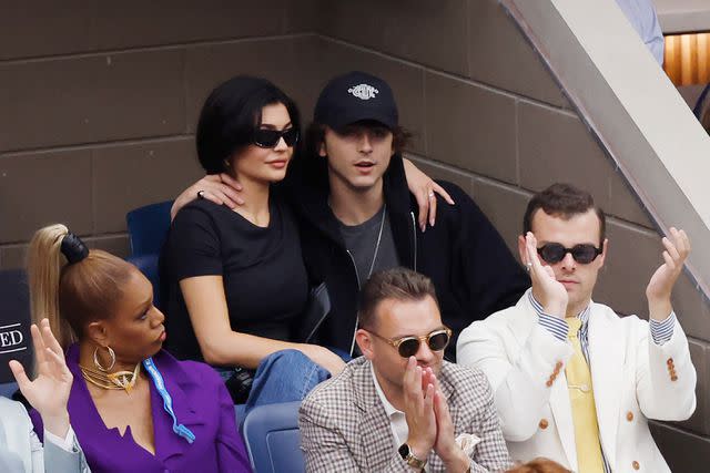 <p>Sarah Stier/Getty </p> Kylie Jenner and Timothée Chalamet at the 2023 US Open in Flushing, New York