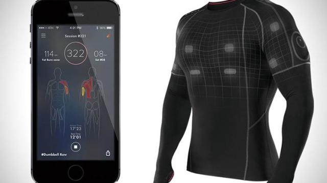 A smartphone keeps track of a shirt wearer&#39;s vital signs using embedded tech in the fabric. 