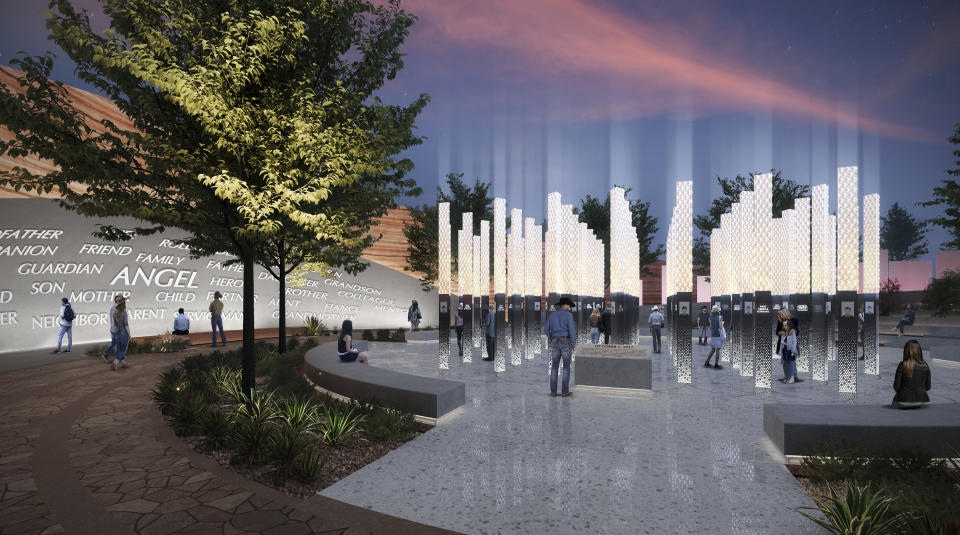 This rendering provided by Clark County on June 2, 2023, shows one of five potential designs for a permanent memorial to be built on the Las Vegas Strip in honor of the victims, survivors and first responders of the Oct. 1, 2017, mass shooting that left 60 dead and hundreds more injured at a country music festival in Las Vegas. The rampage was the deadliest mass shooting in modern America. (Courtesy of Clark County via AP)