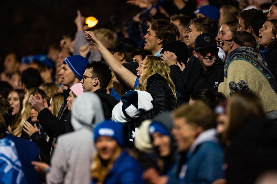 Brigham Young University fans celebrate after forward Brecken Mozingo (13) makes a penalty kick during the Sweet 16 round of the NCAA College Women’s Soccer Tournament against Michigan State at South Field in Provo on Saturday, Nov. 18, 2023. | Megan Nielsen, Deseret News