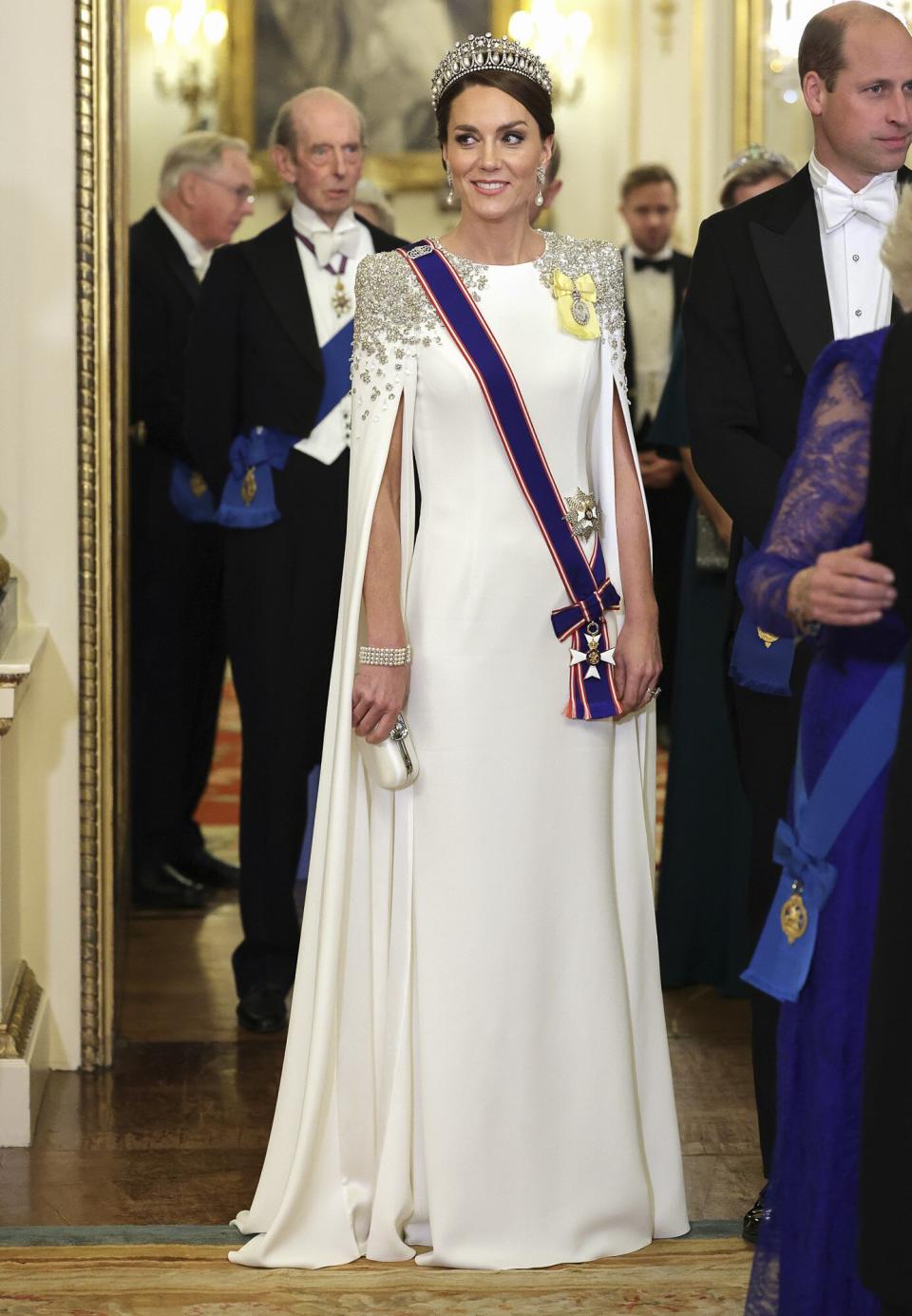 Catherine, Princess of Wales during the State Banquet at Buckingham Palace on November 22, 2022 in London, England. This is the first state visit hosted by the UK with King Charles III as monarch, and the first state visit here by a South African leader since 2010