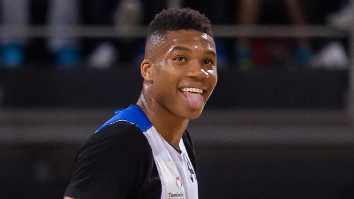 Thessaloniki, Greece - May 22, 2016: Giannis Antetokounmpo (player Milwaukee Bucks) during Antetokounbros Streetball Event 2016 at Thessaloniki.