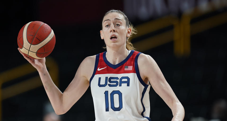 United States' Breanna Stewart (10) drives up court during women's basketball semifinal game against Serbia at the 2020 Summer Olympics, Friday, Aug. 6, 2021, in Saitama, Japan. (AP Photo/Eric Gay)
