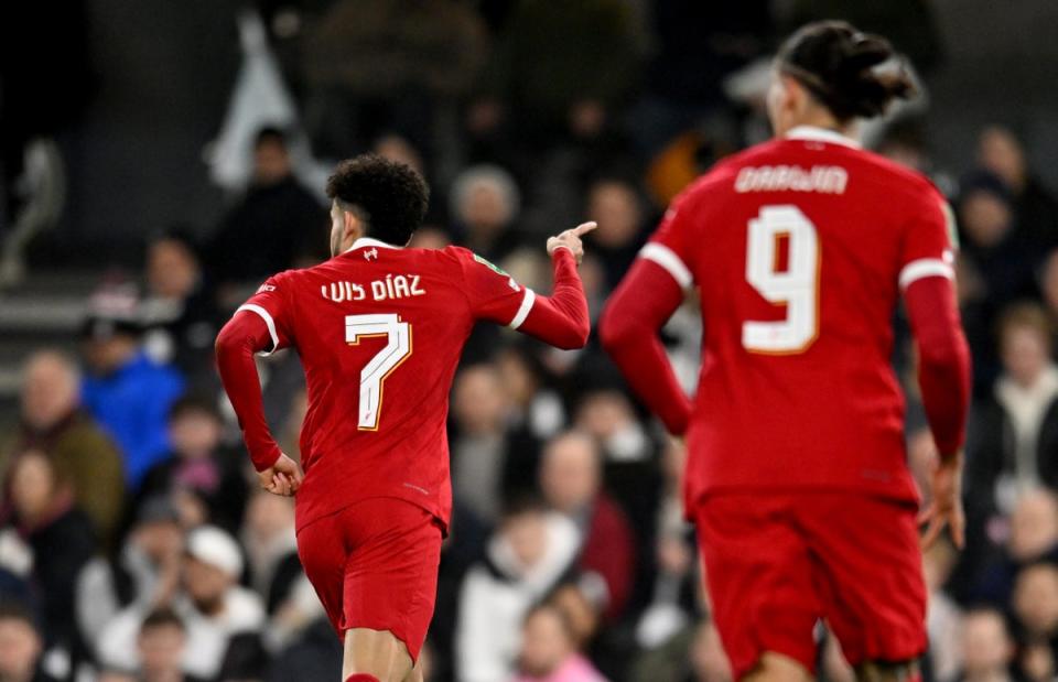 Luis Diaz celebrates scoring for Liverpool at Fulham (Liverpool FC via Getty Images)