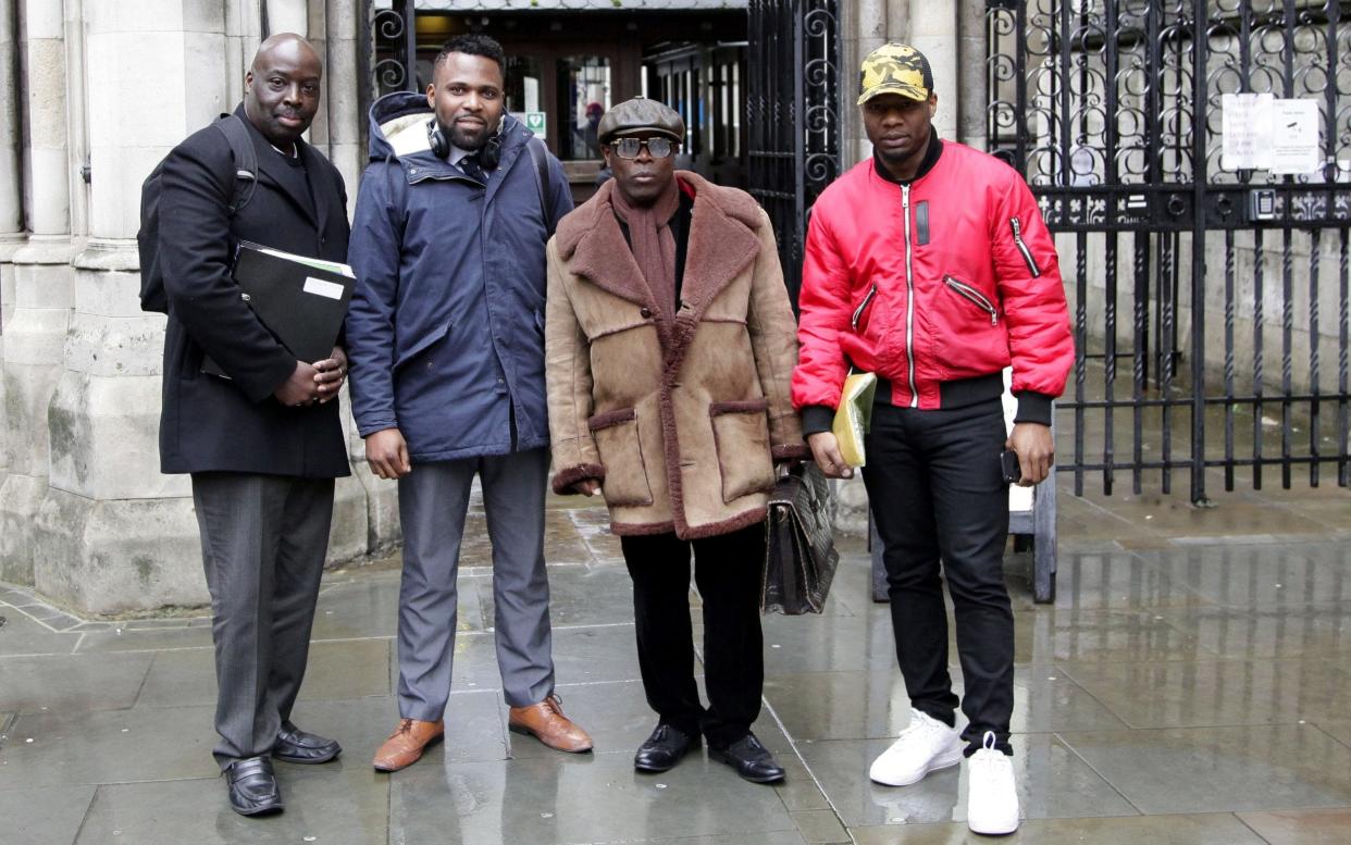 Terry Reid, Henry Agwuegbo, Orlando Gittens and Patrick Joseph- pictured outside Central London County Court - all had events cancelled by the boat hire firm - Champion News