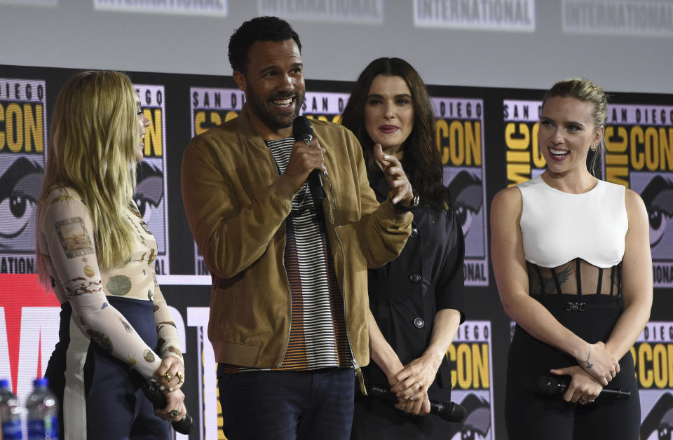 Florence Pugh, from left, O. T. Fagbenle, Rachel Weisz and Scarlett Johansson participate during the "Black Widow" portion of the Marvel Studios panel on day three of Comic-Con International on Saturday, July 20, 2019, in San Diego. (Photo by Chris Pizzello/Invision/AP)