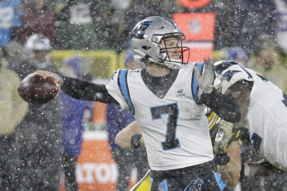 Carolina Panthers' Kyle Allen throws during the second half of an NFL football game against the Green Bay Packers Sunday, Nov. 10, 2019, in Green Bay, Wis. The Packers won 24-16. (AP Photo/Mike Roemer)