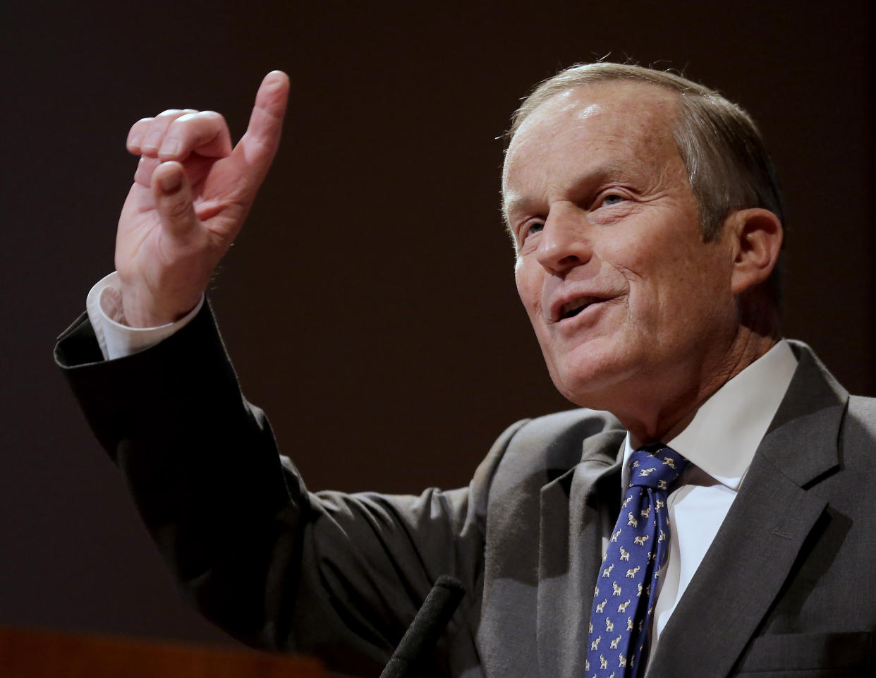 FILE - In this Nov. 3, 2012, file photo, Republican U.S Senate candidate Todd Akin addresses supporters during a campaign event in Kansas City, Mo. Akin, whose comment that women's bodies have a way of avoiding pregnancies in cases of "legitimate rape" sunk his bid for the U.S. Senate and became a cautionary tale for other GOP candidates, has died. He was 74. (AP Photo/Charlie Riedel, File)