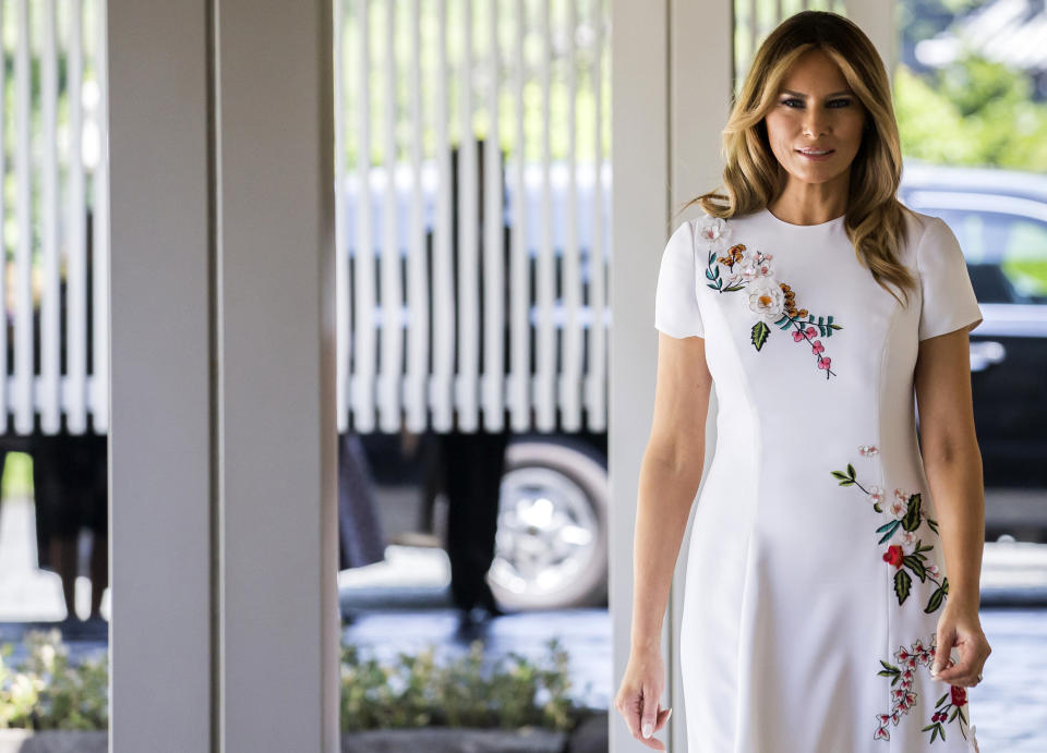 U.S. first lady Melania Trump arrives at the Japanese style annex inside the State Guest House in Tokyo Monday, May 27, 2019. (Tomohiro Ohsumi/Pool Photo via AP)