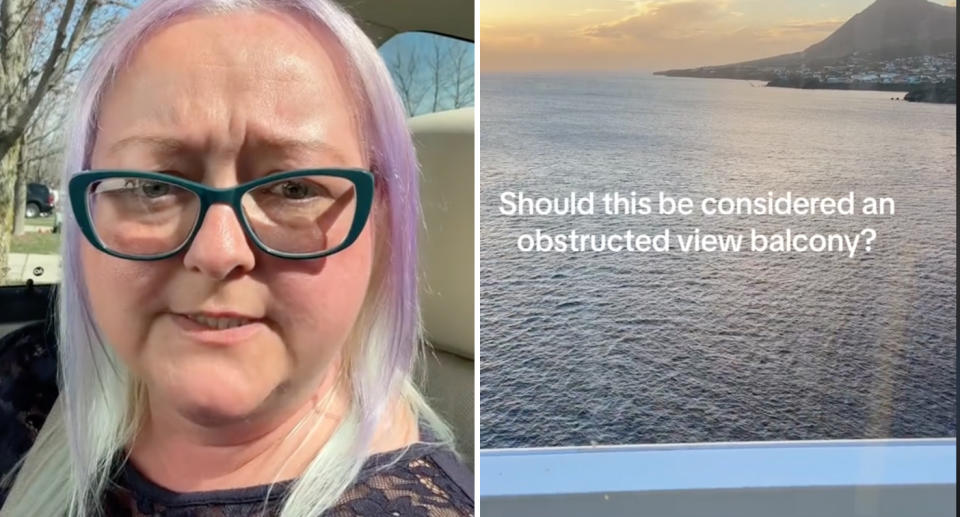 Abbie speaks to the camera (left) with a view from her balcony (right) showing the ocean and 