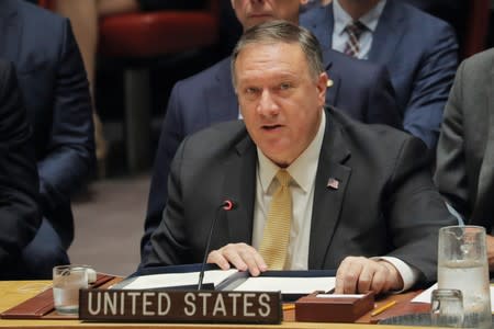 U.S. Secretary of State Mike Pompeo speaks during a meeting of the UN Security Council at UN headquarters in New York