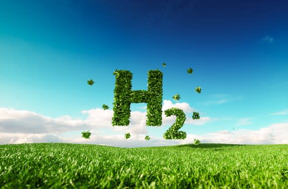 The chemical symbol for hydrogen, "H 2", in grass hovering over a field.