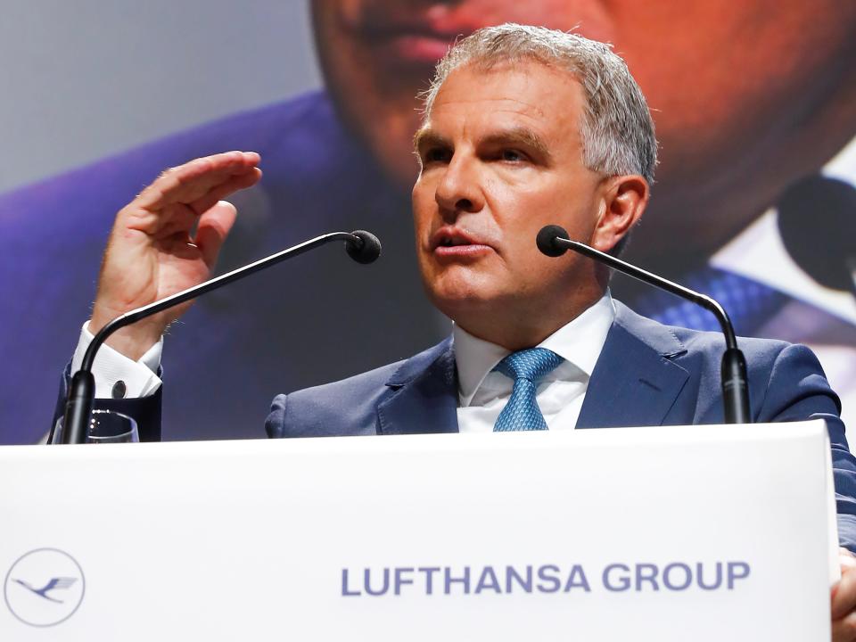 FILE PHOTO: Carsten Spohr, CEO of German airline Lufthansa AG speaks at the company's annual shareholder meeting in Bonn, Germany, May 7, 2019. REUTERS/Wolfgang Rattay/File Photo