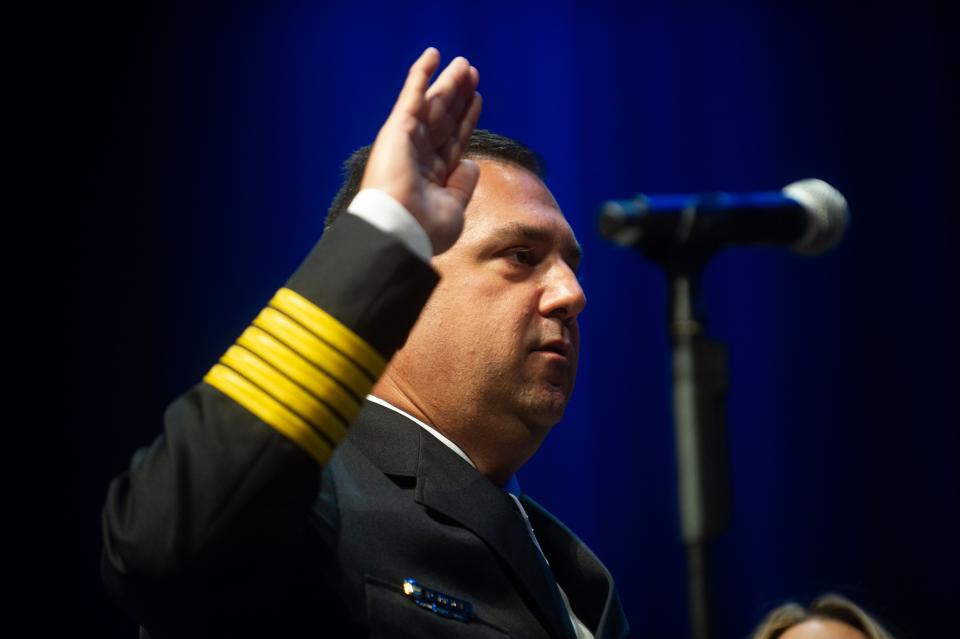 Knoxville Police Chief Paul Noel is sworn in on Monday at the Knoxville Coliseum. Noel has a history of bringing accountability programs to police departments and has committed to doing in Knoxville. He said the department will apply for a program that teaches trainees how to stop colleagues or supervisors who are on the verge of violating agency policies or laws.