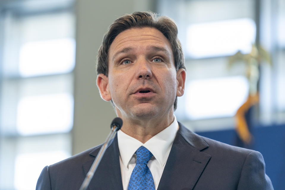 FILE - Florida Gov. Ron DeSantis speaks at the Heritage Foundation 50th Anniversary Celebration leadership summit, Friday, April 21, 2023, in Oxon Hill, Md. (AP Photo/Alex Brandon, File)