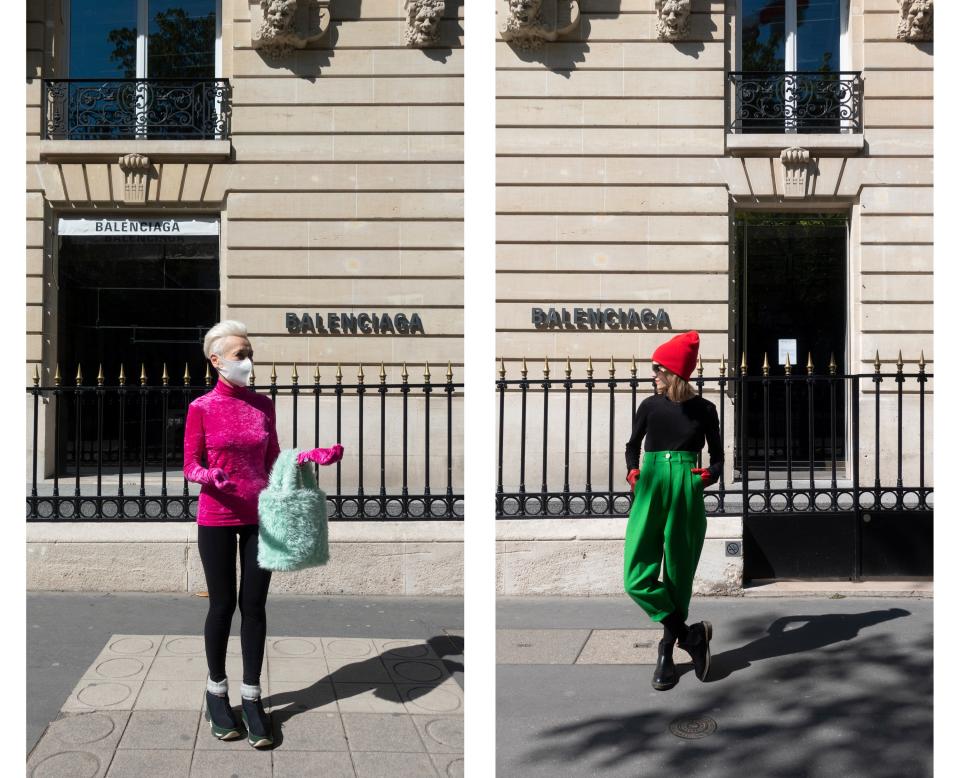 Wearing Balenciaga by Demna Gvasalia and Ramon Tailor in front of the Balenciaga store.