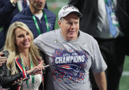 <p>Head coach Bill Belichick of the New England Patriots celebrates with girlfriend Linda Holliday after the Patriots defeat the Los Angeles Rams 13-3 during Super Bowl LIII at Mercedes-Benz Stadium on February 3, 2019 in Atlanta, Georgia. (Photo by Elsa/Getty Images) </p>
