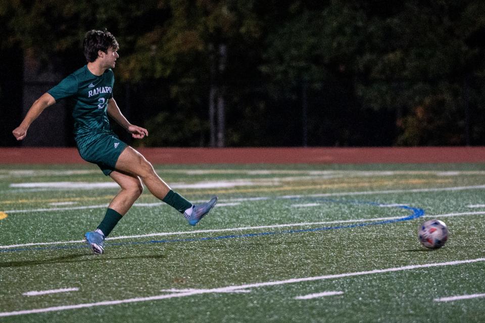 Ramapo plays Ridgewood in the Bergen County boys soccer championship at Indian Hills High School in Oakland, NJ on Saturday October 22, 2022. Ramapo #2 Jacob Marcos kicks the ball. 