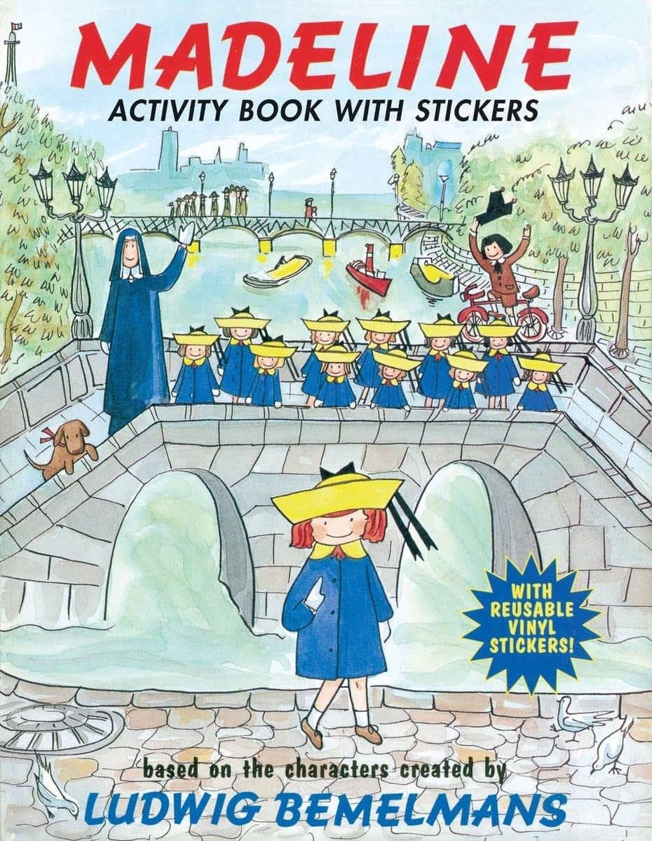 Cover of "Madeline Activity Book with Stickers" showing characters crossing a bridge; created by Ludwig Bemelmans