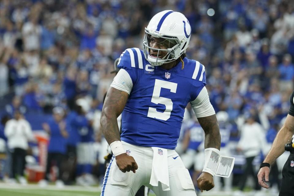 Indianapolis Colts quarterback Anthony Richardson celebrates after a touchdown and two-point conversion against the Rams.