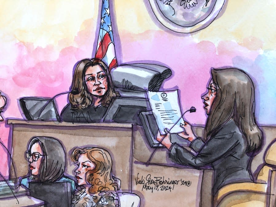 Christine Pelosi reads a letter written by her mother, Nancy Pelosi, in court on May 17, 2024 at the federal courthouse in San Francisco. (Courtroom sketch by Vicki Behringer)