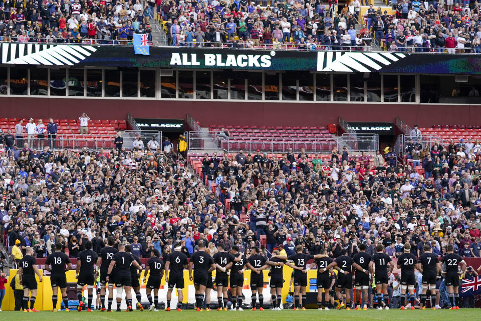 Then All Blacks line up ahead of the rugby international between the All Blacks and the USA Eagles at FedEx Field in Landover, Md., Saturday, Oct. 23, 2021. (AP Photo/Alex Brandon)